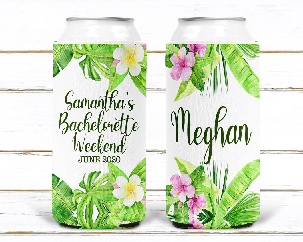 Palm Leaves Party Huggers. Slim Can Wedding or Bachelorette Party Favors. Tropical Beach Girl's Weekend or Family Vacation. Birthday Favors!