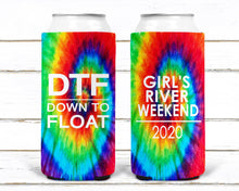 Load image into Gallery viewer, Tie Dye Slim party huggers. Skinny can party favors. Personalized Birthday or Bachelorette Party Favors. Slim Can tie dye party favors!
