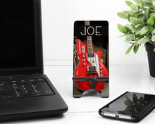 Load image into Gallery viewer, Electric Guitar Cell Phone Stand. Personalized Gift Guitar Lover. Custom Guitar gift! Guitar themed present. Gift for dad! Musician Gift!
