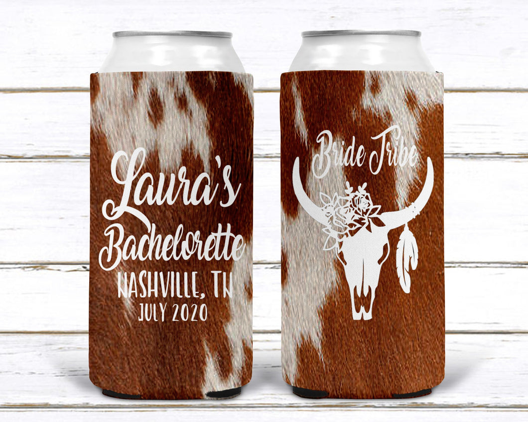 Western Cowhide Bachelorette or Birthday Slim Can Favors. Personalized Austin or Nashville Party. Custom Colorado Western Wedding Favors.
