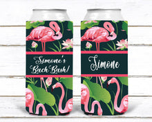 Load image into Gallery viewer, Flamingo Beverage Huggers. Flamingo Slim Can Party Favors. Custom Flamingo Birthday or Bachelorette Party Favors. Flamingle Party Favors!
