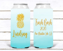 Load image into Gallery viewer, Aqua Ombre Watercolor Huggers. Slim Can Bachelorette Party Favors. Personalized Ombre Coolies. Birthday Party Favors. Lake Party Favors
