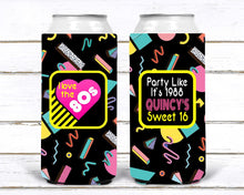 Load image into Gallery viewer, 80&#39;s Theme Slim Can Party Huggers. Neon 80&#39;s Birthday or Bachelorette Huggers. Retro Birthday Coolies. 80&#39;s Prom Party favors!
