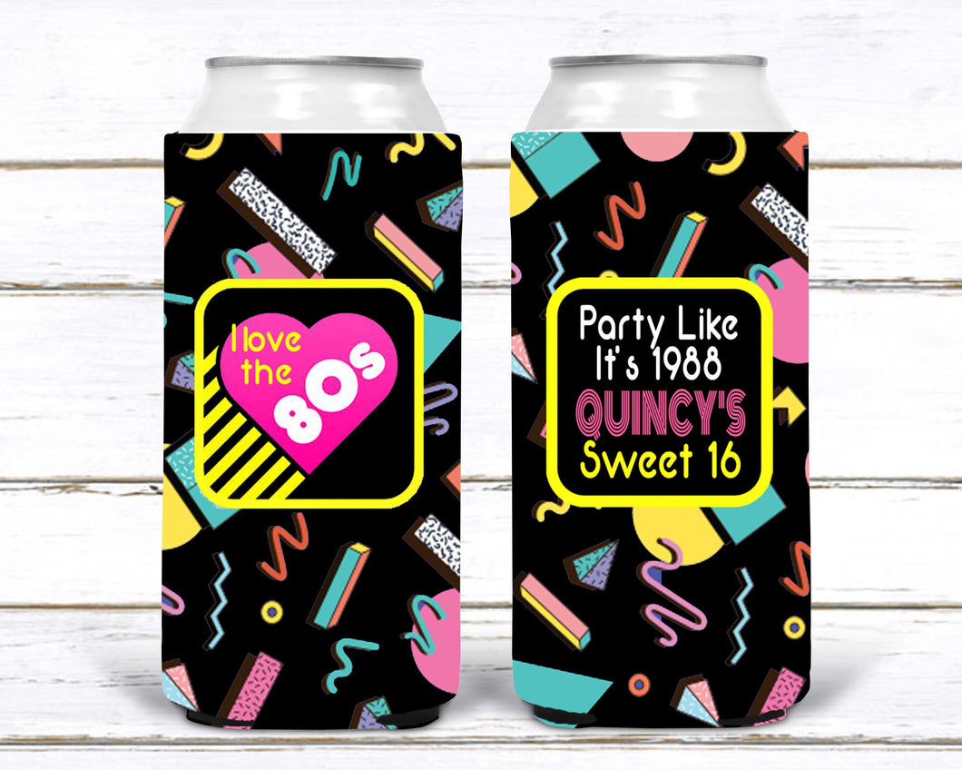 80's Theme Slim Can Party Huggers. Neon 80's Birthday or Bachelorette Huggers. Retro Birthday Coolies. 80's Prom Party favors!