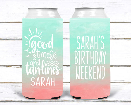 Good Times Slim party huggers. Skinny Beach favors. Personalized Lake Birthday or Bachelorette Favors. Slim Can Ombre Beach party favor!