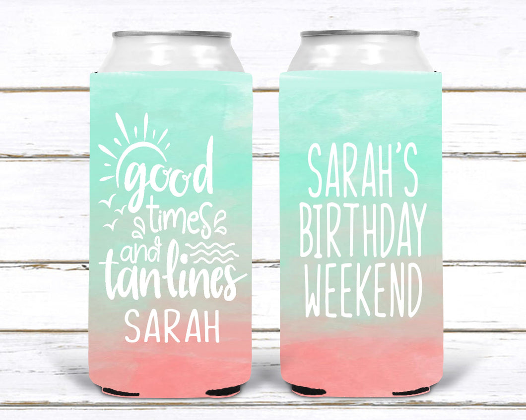 Good Times Slim party huggers. Skinny Beach favors. Personalized Lake Birthday or Bachelorette Favors. Slim Can Ombre Beach party favor!