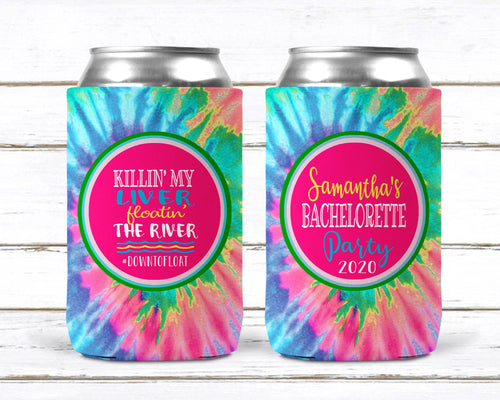 Tie Dye Personalized Huggers. Lake or River Party Favors. Tie Dye Party Favors! 70's Birthday or  Bachelorette Tubing Party Favors!