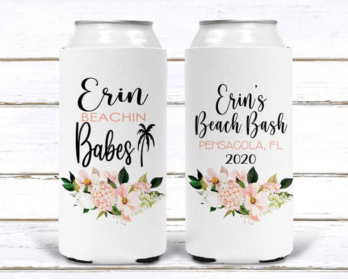 Floral party huggers. Beach or Lake party favors. Personalized Birthday or Bachelorette Party Favors. Slim Can Floral Wedding party favor!