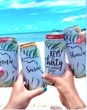 Load image into Gallery viewer, Palm Leaves Party Huggers. Slim Can Wedding or Bachelorette Party Favors. Beach Girl&#39;s Weekend or Family Vacation .
