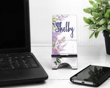 Load image into Gallery viewer, Wood Purple Floral Phone Stand
