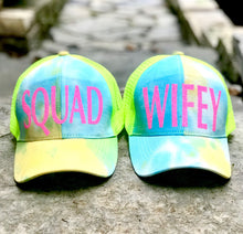 Load image into Gallery viewer, Tie Dye Trucker Hat | Bachelorette Trucker Hat | Bachelorette Party Hat | Tie Dye Party Hat | Bride to Be Hat | Bride Hat | Retro Hippie Hat
