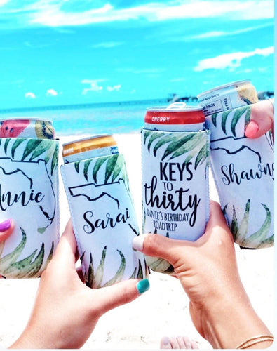 Palm Leaves Slim Party Huggers. Tropical Wedding or Bachelorette Party Favors. Girl's Weekend Family Vacation Beach Favors.