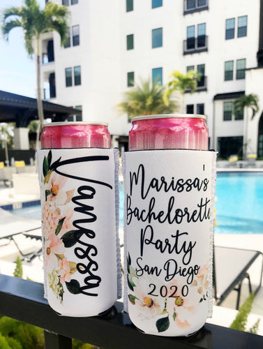Floral Slim party huggers. Skinny can party favors. Personalized Birthday or Bachelorette Party Favors. Slim Can Floral Wedding party favor!