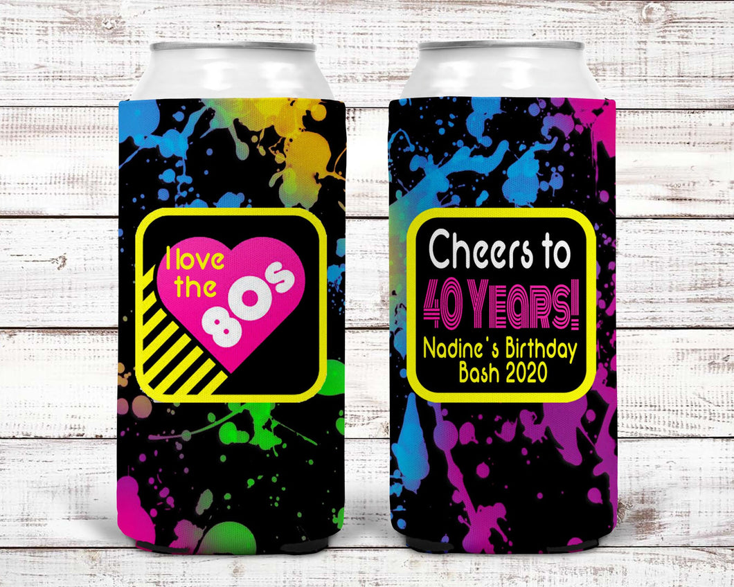 80's Theme Party Huggers. Slim Can 80's Birthday or Bachelorette Huggers. Retro Birthday Coolies. 80's Prom Party favors!