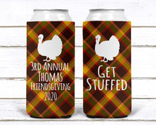 Load image into Gallery viewer, Friendsgiving Plaid Party Huggers. Thanksgiving Party Favors. Slim Friendsgiving Party Favors. Slim Can Thanksgiving Wedding Shower!
