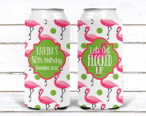 Pink Flamingo Beverage Huggers. Beach Birthday or Girls Weekend. Flamingle Bachelorette Favors. Custom Flamingo Themed Party Favors!