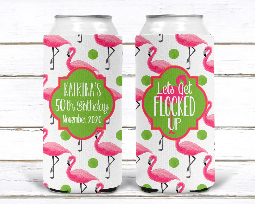 Pink Flamingo Beverage Huggers. Beach Birthday or Girls Weekend. Flamingle Bachelorette Favors. Custom Flamingo Themed Party Favors!