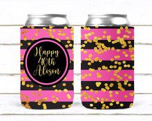 Load image into Gallery viewer, Hot Pink Black Gold Polka Dot Huggers. Boujee Bachelorette or Birthday Huggers. Personalized Polka Dot Party Favors. Fun Girls Weekend
