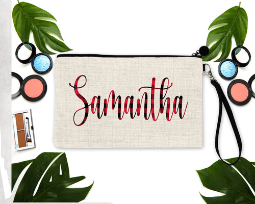 Plaid Name Linen Make up bag. Personalized Bachelorette or Girls Weekend Favors. Glamping Cosmetic Bag. Bridesmaid Proposal Gifts!