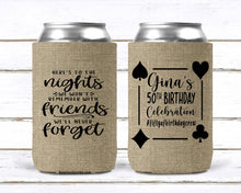 Load image into Gallery viewer, Burlap Party Favors. Slim Can Birthday Party. Personalized Bachelorette Party. Vegas Birthday Party Favors! Burlap Party favors.
