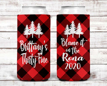 Load image into Gallery viewer, Plaid Slim party huggers. Skinny can party favors. Personalized Birthday or Bachelorette Party Favors. Flannel Fling bachelorette party!

