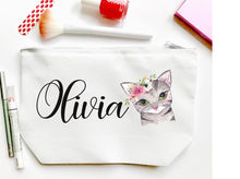 Load image into Gallery viewer, Cat Theme Personalized Make Up bag. Kitten Make up Bag. Personalized Cat Theme Gift! Cat theme Party Favors! Cat Birthday Favor Bag!

