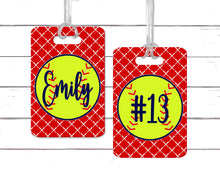 Load image into Gallery viewer, Softball Bats Bag Tag. Monogrammed Perfect on a Softball bag or luggage! Softball gift. Great team or Coaches gift.
