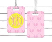 Load image into Gallery viewer, Pink Racquets Tennis Bag Tag. Great Monogrammed Tennis gift. Backpack or Tennis bag! Tennis team gift. Great Tennis Party Favors.
