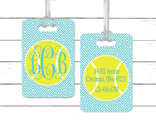 Greek Keys Tennis Bag Tag. Monogrammed tennis gift. Tennis team present. Tennis Birthday or Bachelorette gift.