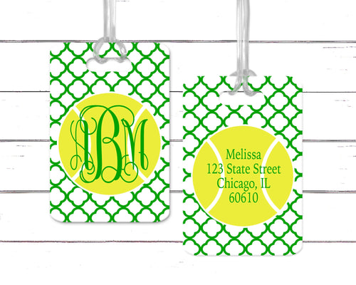 Quatrefoil Tennis Bag Tag. Monogrammed tennis gift. Tennis team present. Tennis Birthday or Bachelorette gift.