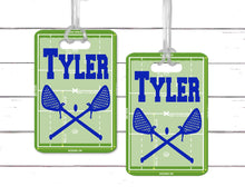 Load image into Gallery viewer, Lacrosse Field Bag Tag. Great LAX gifts for the team! First or last name, and number.Custom Lacrosse Bag Tag. Personalized LAX Gift!

