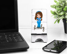 Load image into Gallery viewer, Brunette Nurse Cell Phone Stand. Great nurse gift! Nurse Personalized gift, Nursing Student Graduation gift! Nurse appreciation Gift!
