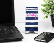 Load image into Gallery viewer, Navy and White Cell Phone Stand. Name or Monogram! Personalized phone stand! Great custom teacher gift! Personalized Gift for Mom Sister!
