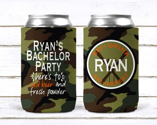 Ski Trip Huggers. Personalized Ski Vacation. Camo Bachelor Party. Birthday Party Ski Weekend favors. Camo Ski trip favors.