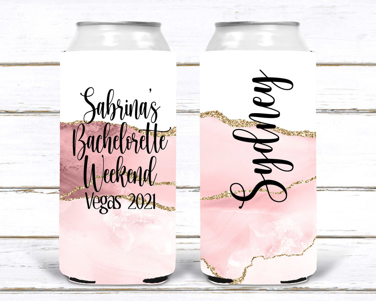 Rose Gold Party huggers. Blush Agate Skinny can party favors. Personalized 21 30 40 50 60 Birthday Party Favors. Blush Slim Can Bachelorette