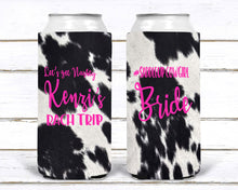 Load image into Gallery viewer, Western Cowhide Bachelorette or Birthday Slim Can Favors. Personalized Austin or Nashville Party. Custom Disco Cowgirl Party Favors.
