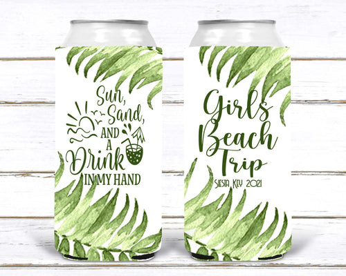 Palm Leaves Party Huggers. Slim Can Wedding or Bachelorette Party Favors. Beach Girl's Weekend or Family Vacation .