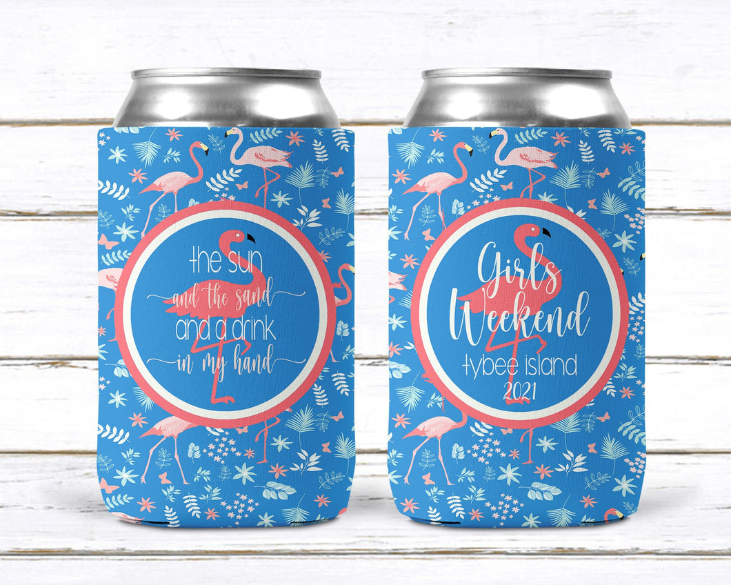 Blue Flamingo Party Huggers. Beach Birthday or Girls Weekend. Slim Flamingle Bachelorette Party Favors. Personalized Beach Flamingo Favors.