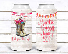 Load image into Gallery viewer, Boots and Wood Party Huggers. Nashville Bachelorette or Birthday Party Favors. Slim Can Country Wedding. Austin Bachelorette party!

