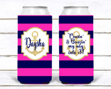 Load image into Gallery viewer, Navy and White &quot;Glitter&quot; Anchor Huggers. Nautical Bachelorette or Birthday Huggers. Nautical Slim Can Party Favors. Nautical Wedding Favors
