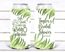 Load image into Gallery viewer, Palm Leaves Party Huggers. Slim Can Wedding or Bachelorette Party Favors. Beach Girl&#39;s Weekend or Family Vacation .
