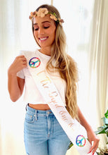 Load image into Gallery viewer, Tie dye 4&quot; Satin Sash. Retro Bachelorette or Birthday. Hippie Bride to be Sash. Birthday girl Sash. Tie dye Birthday Girl. 70s theme party!
