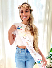 Load image into Gallery viewer, Tie dye 4&quot; Satin Sash. Retro Bachelorette or Birthday. Hippie Bride to be Sash. Birthday girl Sash. Tie dye Birthday Girl. 70s theme party!
