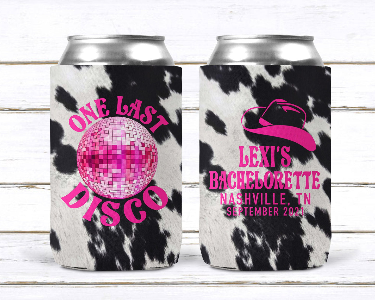 Western Cowhide Bachelorette or Birthday Slim Can Favors. Personalized Austin or Nashville Party. Custom Disco Cowgirl Party Favors.