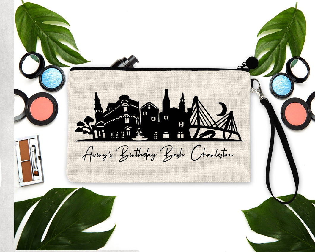 Charleston Linen Make up bag. Personalized Charleston Bachelorette or Girls Weekend Favors. Charleston favor Bag. Bridesmaid Proposal Gifts!