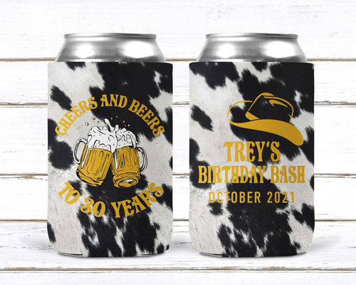 Beers and Cheers Cowhide Party huggers. 21 30 40 50 Beer Birthday Favors! Cowboy Bachelor Party Gifts. Cheers and Beers Cowgirl Party favors