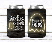 Load image into Gallery viewer, Halloween Party Favors. Personalized Witch Huggers. Spooky Ghost Bachelorette Party. Halloween Wedding Shower Coolies!
