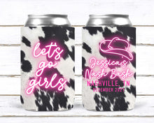 Load image into Gallery viewer, Western Cowhide Bachelorette or Birthday Slim Can Favors. Personalized Austin or Nashville Party. Custom Disco Cowgirl Party Favors.
