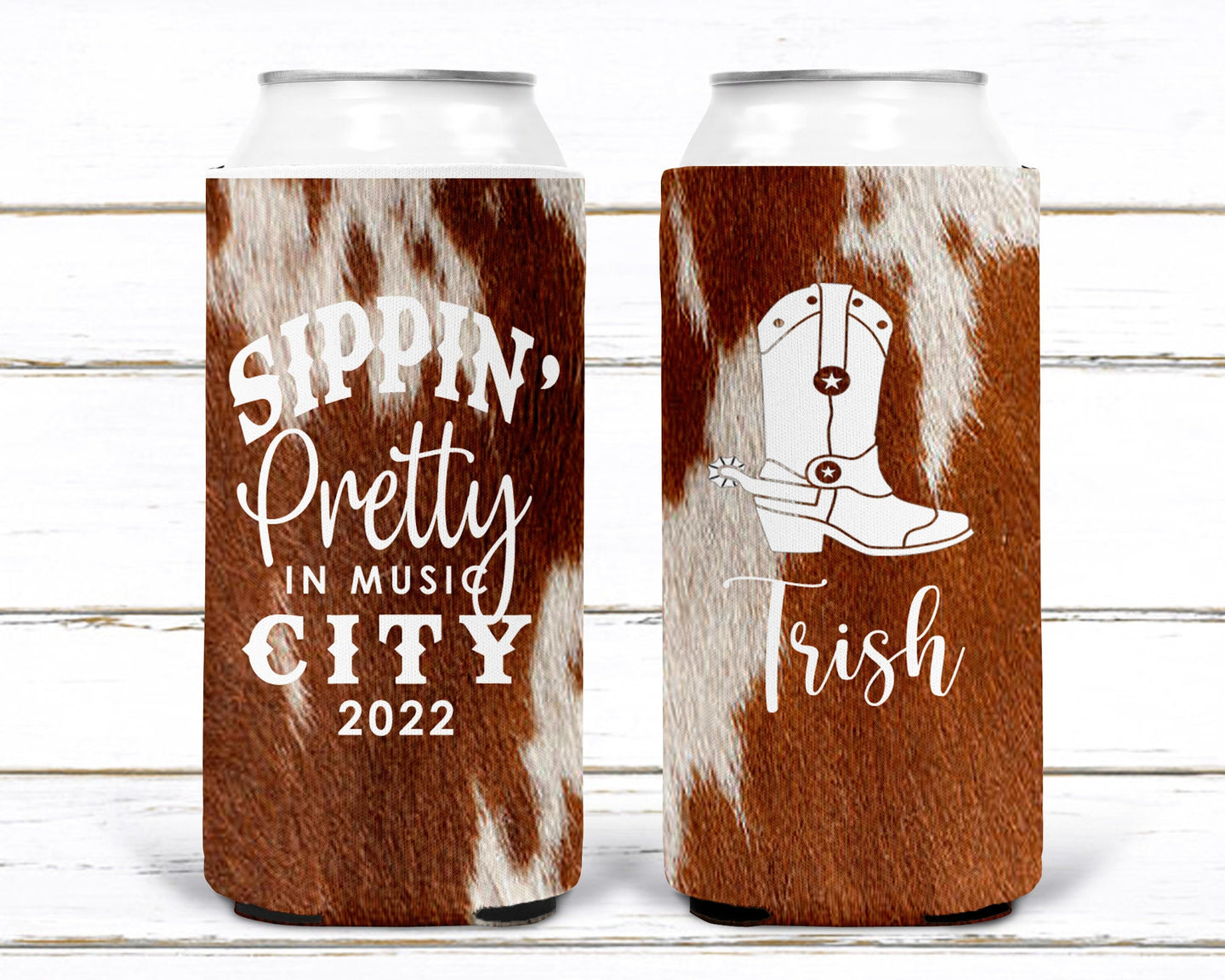 Western Cowhide Bachelorette or Birthday Slim Can Favors. Personalized Austin or Nashville Party. Custom Colorado Western Wedding Favors.