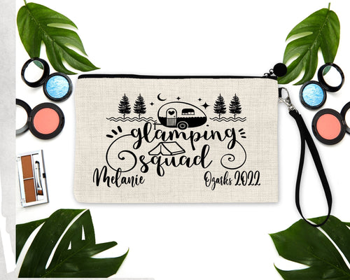 Glamping Linen Make up bag. Personalized Glamping Bachelorette or Girls Weekend Favors. Glamping Cosmetic Bag. Bridesmaid Proposal Gifts!